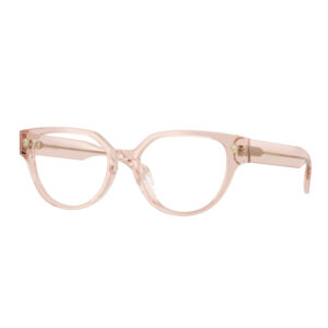 Pink translucent eyeglasses frame with rounded lenses displayed on a white background (fashion eyewear)