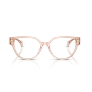 Pink translucent eyeglasses with round lenses and decorative square accents at the hinges.