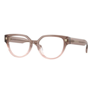 Pink translucent eyeglasses with rounded rectangular lenses and a browline frame, gold-toned hinges, and matching pink temples.