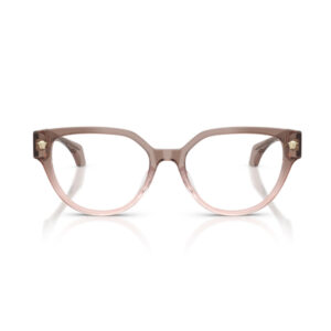 Pink translucent cat-eye eyeglasses with square decorative accents at the hinges.