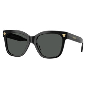 Black Versace sunglasses with dark lenses and gold Medusa emblems at hinges on a glossy black frame.