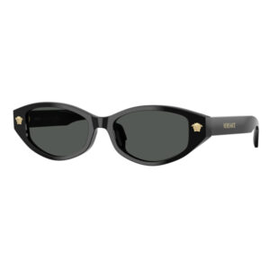 Black Versace sunglasses with oval dark lenses and gold Medusa logos at hinges.