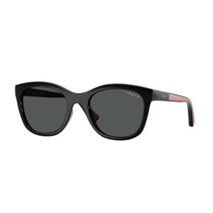 Black cat-eye sunglasses with dark lenses and pink accent on the temple, Vogue branding on the lens and arm