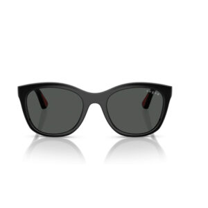 Black cat-eye sunglasses with dark lenses and a small Vogue logo on the right lens, shown on a white background.