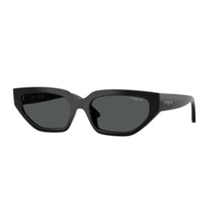 Black Vogue sunglasses with a wraparound rectangular frame and dark gray lenses, logo on the temples.