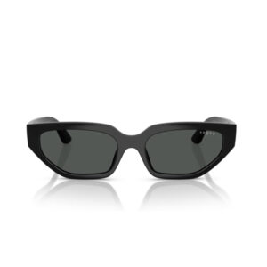 Black rectangular sunglasses with dark lenses and a Vogue logo on the right lens; reflective surface beneath.