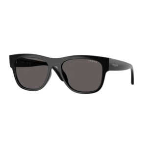 Black Vogue sunglasses with dark rectangular lenses and a thick frame on a white background, front view.