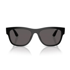 Black wayfarer sunglasses with dark lenses and a Vogue logo on the right temple edge.