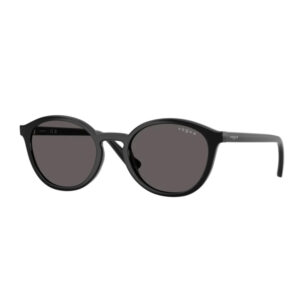 Black round sunglasses with dark lenses and a glossy black frame, Vogue branding on the temple.