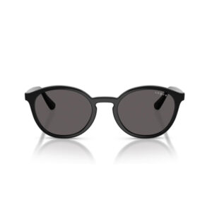 Black round sunglasses with dark lenses and a subtle Vogue logo on the right lens, front view.