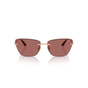 Brown-tinted, shield-style sunglasses with a thin gold bridge and pinkish lenses, shown front-on