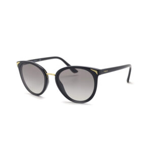 Black round sunglasses with a gold bridge and gradient gray lenses; Vogue logo on the temple.
