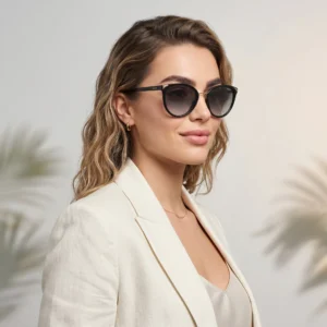 Woman wearing black sunglasses and a cream blazer, facing slightly to the right with a neutral background.