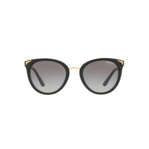 Round black sunglasses with gradient gray lenses and a slim gold bridge, Vogue logo visible on the right lens.