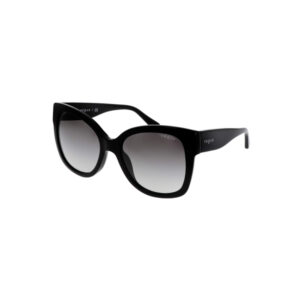 Black oversized cat-eye sunglasses with gradient gray lenses and Vogue branding on the temples.