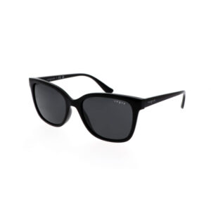 Black cat-eye sunglasses with dark lenses and Vogue branding on the temples, shown on a white background.