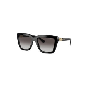 Black oversized sunglasses with gradient lenses and gold-accented temples on a white background