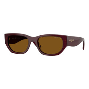Maroon Vogue sunglasses with brown lenses and a chunky frame, temple shows Vogue branding