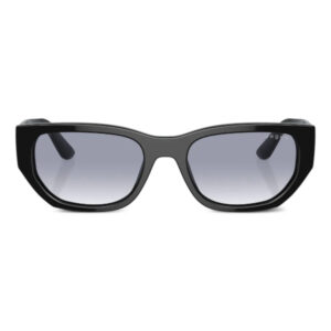 Front view of black oversized sunglasses with thick frame and gray gradient lenses.
