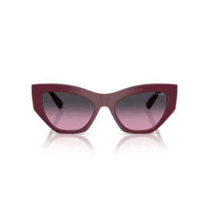 Maroon cat-eye sunglasses with gradient lenses and a small Vogue logo on the right lens set against a white background.