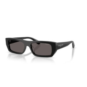 Black rectangular Vogue sunglasses with dark lenses, slim arms, and brand name on the temple mirror-like white letters across the side.