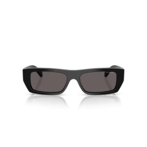 Black rectangular sunglasses with dark lenses and a thick black frame, Vogue logo visible on the right lens.