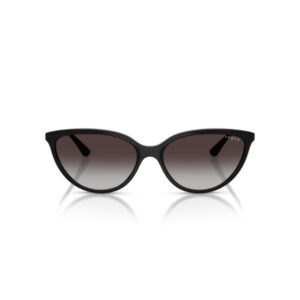 Black cat-eye sunglasses with gradient brown lenses and a Vogue logo on the right temple