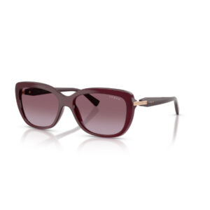 Maroon oversized sunglasses with gradient lenses and gold-accented temples, Vogue branding on the arm.
