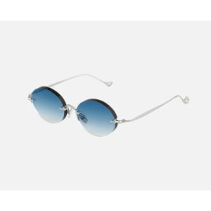 Round blue gradient sunglasses with a thin silver metal frame on a white background, viewed from a slight angle