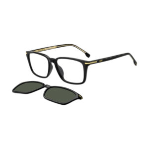 Black rectangular eyeglasses with gold-accented temples and a detachable dark-green clip-on sunglasses lens beside them, on white background
