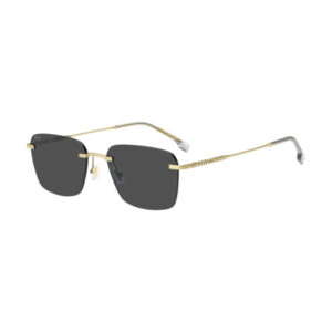Gold metal square sunglasses with dark lenses and adjustable nose pads on a white background, stylish and premium-looking.