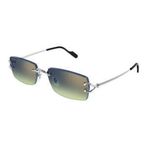 Blue rectangular sunglasses with gradient blue-to-green lenses, clear nose pads, and slim metal temples at an angled view.