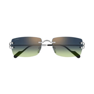 Cartier sunglasses with gradient blue-to-green lenses and a metal rimless frame on a white background.