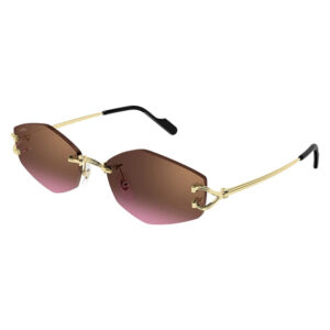 Gold-tone sunglasses with brown gradient lenses and black tip accents on a white background.