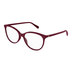 Burgundy eyeglasses with round lenses and thick frame on white background, front view.