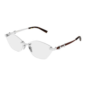 Rimless sunglasses with a silver metal frame and gray lenses, tortoise-pattern temple tips on white background, fashion eyewear.