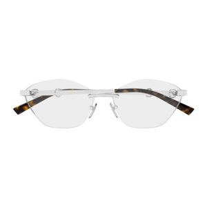 Rimless sunglasses with clear lenses and tortoiseshell temples, viewed head-on.