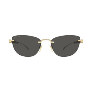 Gucci rimless sunglasses with dark gray lenses and gold metal bridge and temples.