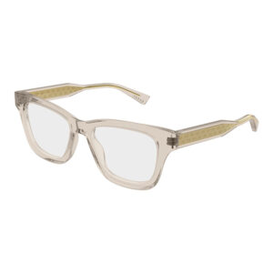 Clear translucent rectangular eyeglasses with gold-tone patterned temples.