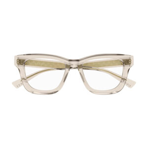 Beige translucent rectangular eyeglasses with Gucci branding on the temples.