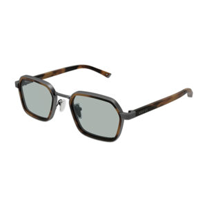 Gucci square tortoiseshell sunglasses with gray lenses shown from a slight angle
