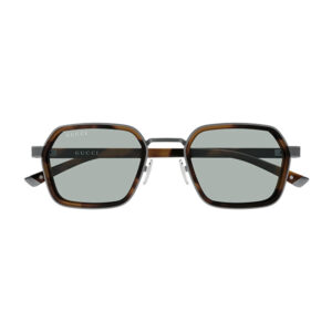 Gucci square tortoiseshell sunglasses with gray lenses and metal bridge detail, front view.
