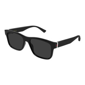 Black Gucci sunglasses with rectangular lenses and a green‑red‑green stripe on the temple.