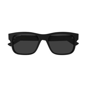 Black rectangular Gucci sunglasses with dark lenses, shown from the front.
