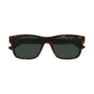 Tortoiseshell Gucci sunglasses with dark green lenses, front view, logo visible on the left lens