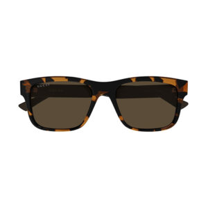 Gucci tortoiseshell sunglasses with rectangular dark lenses on a white background.