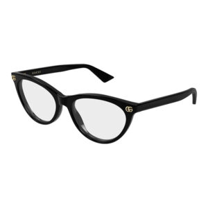 Black Gucci sunglasses with rounded frames, gray lenses, and gold GG logos at the temples