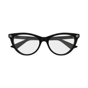 Black Gucci cat-eye sunglasses with gold GG logos on the temples.