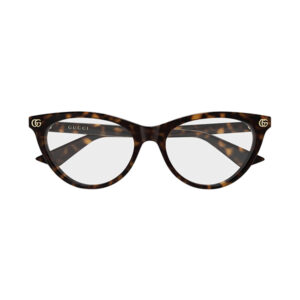 Gucci tortoiseshell cat-eye eyeglasses with gold GG logos on the temples