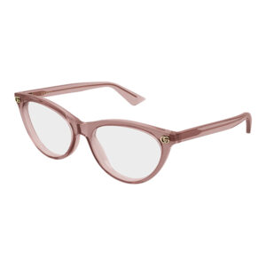 Pink translucent cat-eye sunglasses with gold Gucci logos on the temples and light-gray lenses, fashion eyewear product photo